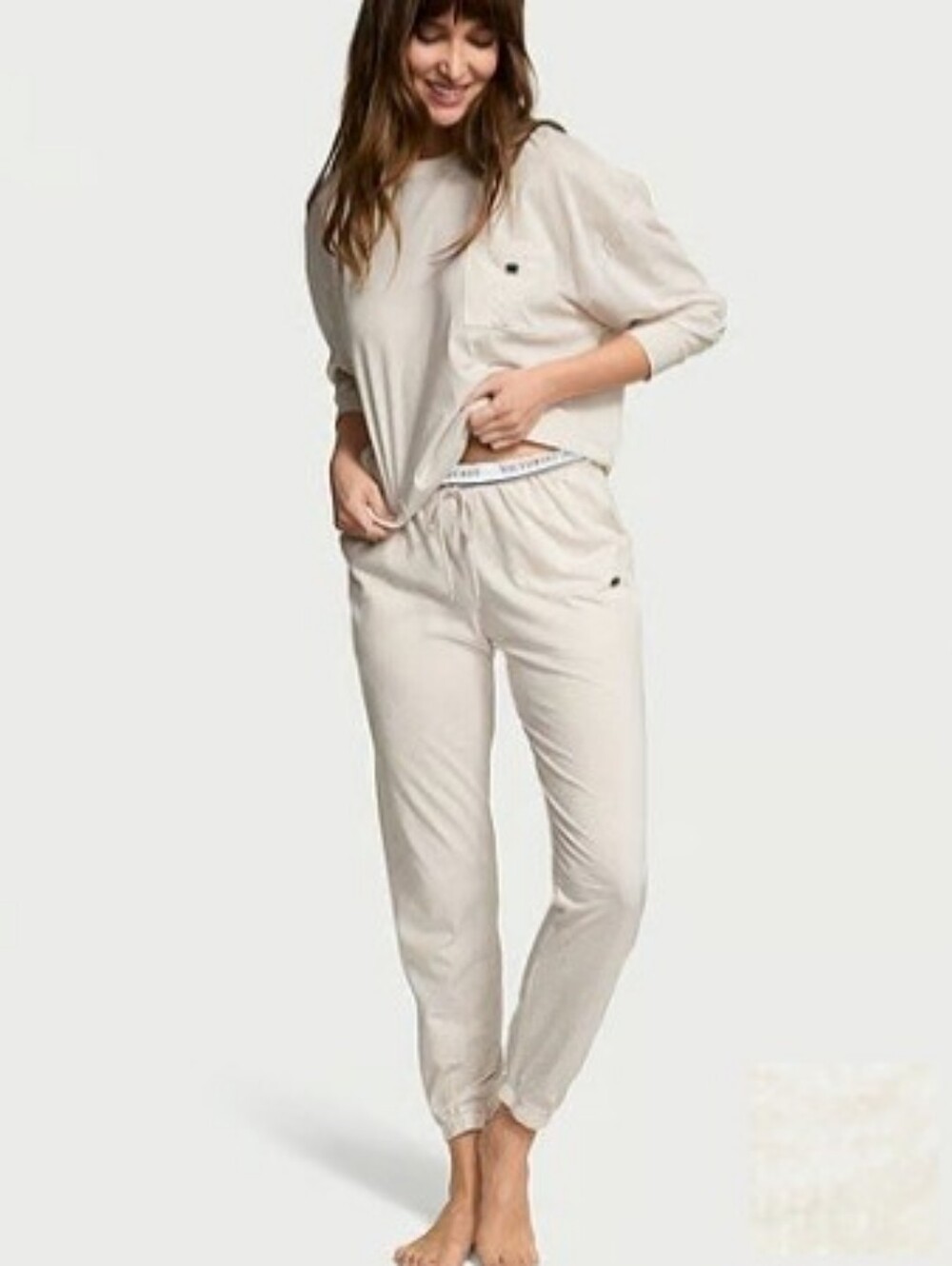 Victoria's Secret Cream 100% Cotton Long Pajama Set